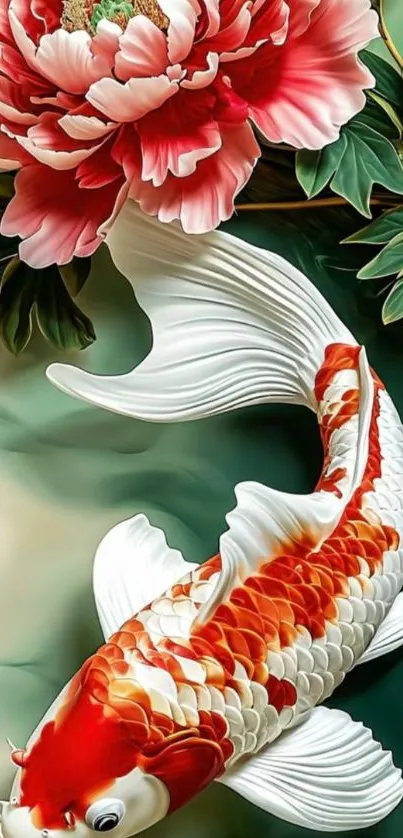 Koi fish swimming beneath blooming flower.