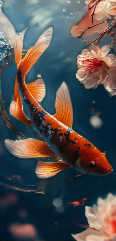 Orange koi fish amidst cherry blossoms underwater.