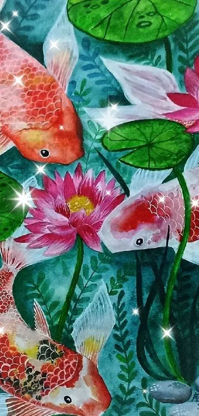 Koi fish swimming with lotus flowers in a serene aquatic background.