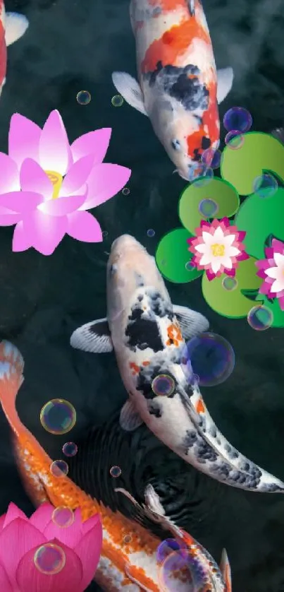 Koi fish swimming with lotus flowers in a serene pond background.