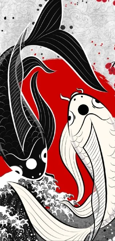 Japanese koi fish wallpaper with red and black accents.