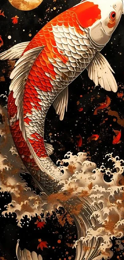 Koi fish digital art on dark background with vibrant colors and artistic details.