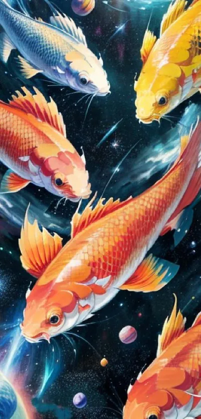 Colorful koi fish swim through a cosmic universe with planets and stars.