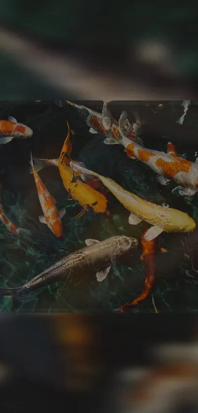 Colorful koi fish swim peacefully in a dark green pond, creating a serene wallpaper.