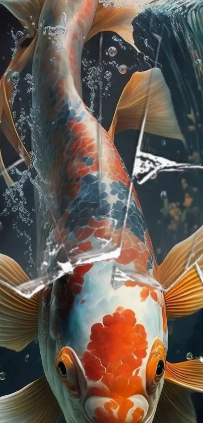 Vibrant koi fish with dynamic water splash, artistic wallpaper.