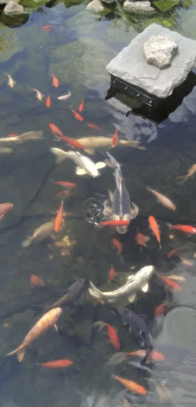 Colorful koi fish swimming in a serene pond.