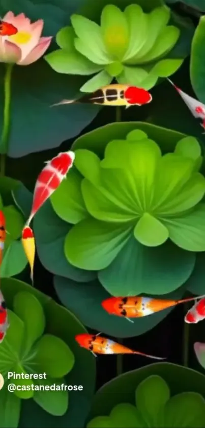 Beautiful koi fish swimming among lush lotus leaves.