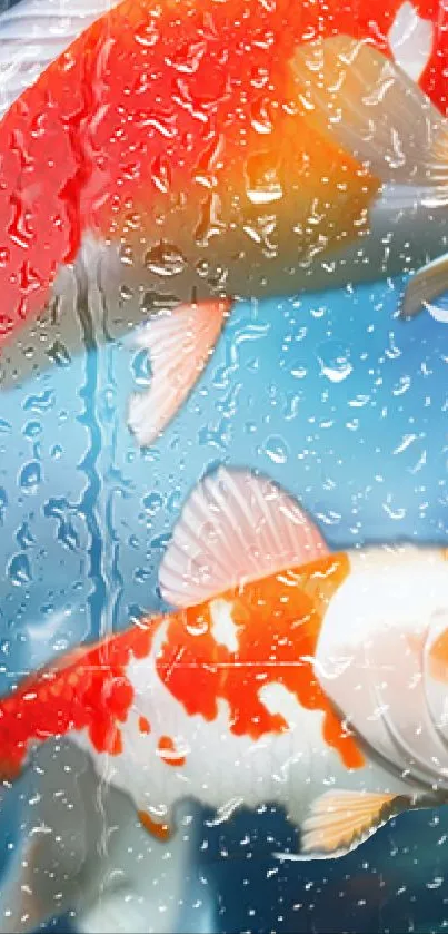 Vibrant koi fish swimming under water with raindrops effect.