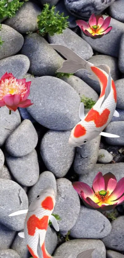 Koi fish swim beside lotus flowers over smooth gray stones.