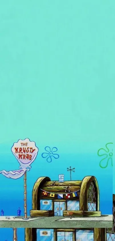 Cartoon Krusty Krab on vibrant aqua background wallpaper.