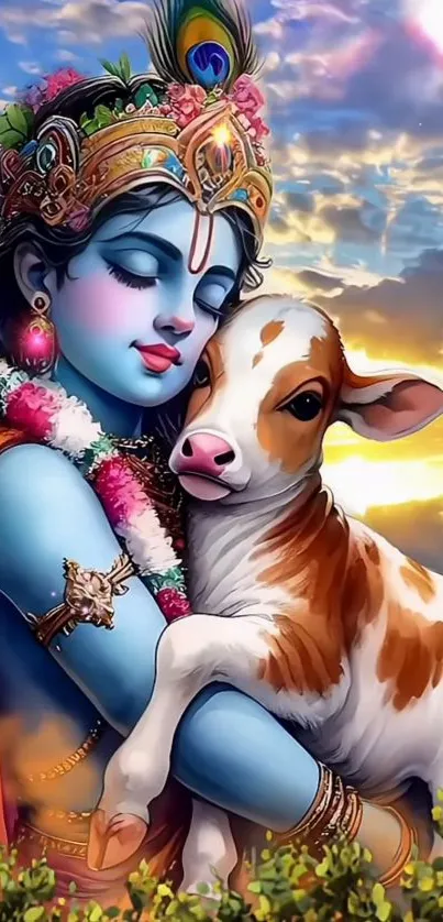 Divine avatar embracing a calf under the vibrant sky.