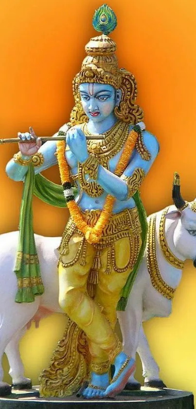 Vibrant artwork of Lord Krishna with a cow against an orange background.