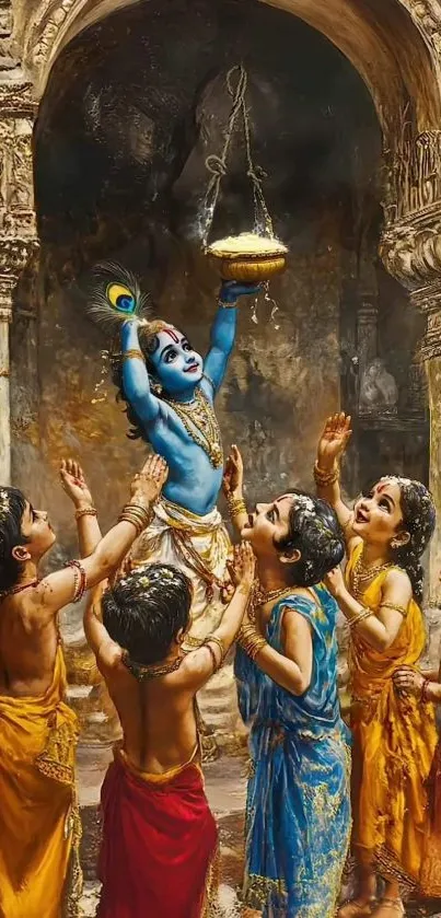 Artwork of Krishna with friends reaching for a pot, dressed in traditional attire.