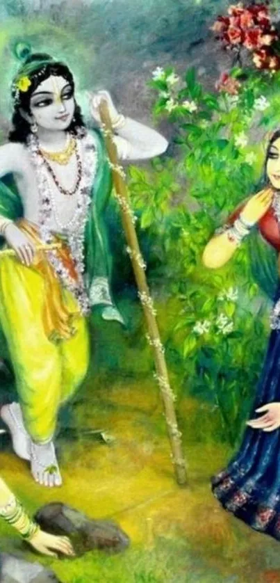 Krishna and gopis in vibrant nature art.