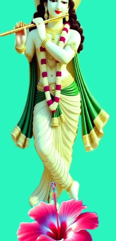 Krishna statue with lotus and flute on aqua background.