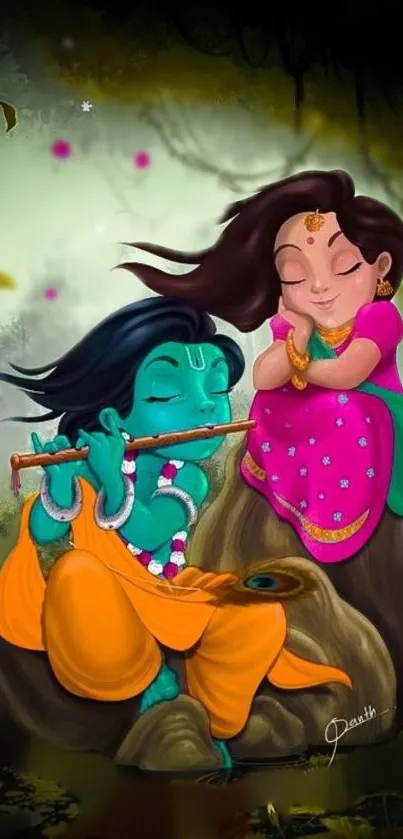 Colorful illustration of Krishna playing the flute beside Radha in a forest.