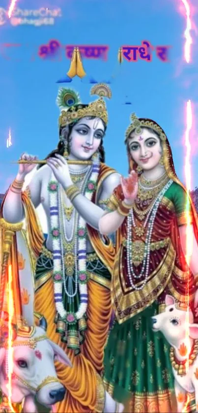 Vibrant wallpaper of Krishna and Radha with colorful spiritual theme.