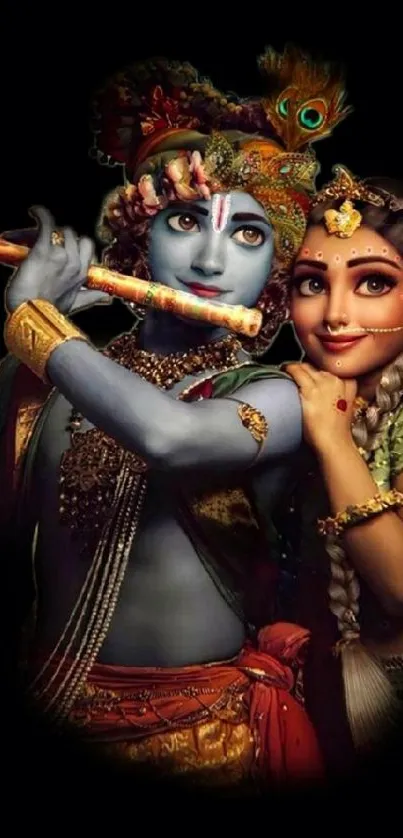 Divine Krishna and Radha mobile wallpaper with black background.