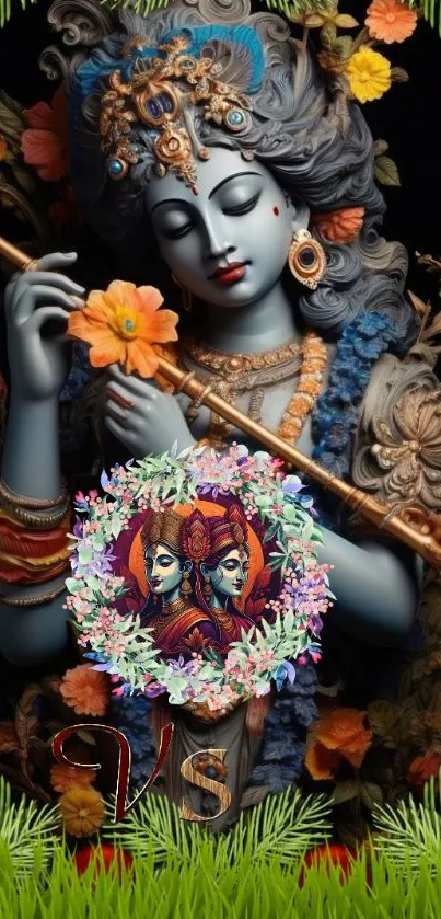 Colorful Krishna playing flute, surrounded by flowers and plants.