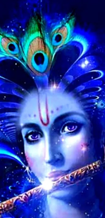 Krishna with flute and peacock feathers in blue theme.