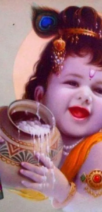 Artistic depiction of child Krishna with a pot, vibrant and traditional.