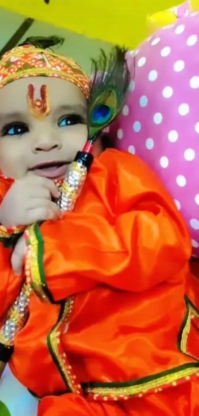 Cute baby dressed as Lord Krishna with a peacock feather.