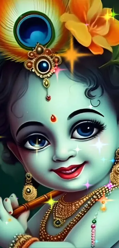 Blissful Krishna mobile wallpaper with vibrant colors and divine elements.