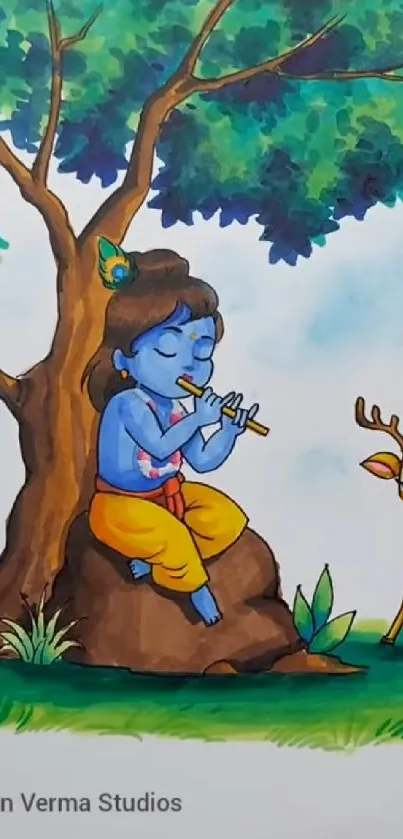 Krishna playing flute under tree with a deer and butterfly nearby.