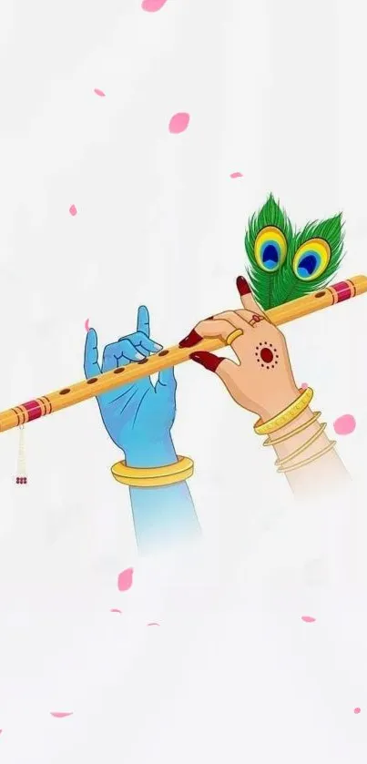 Krishna hands holding a flute with peacock feather, against white background.