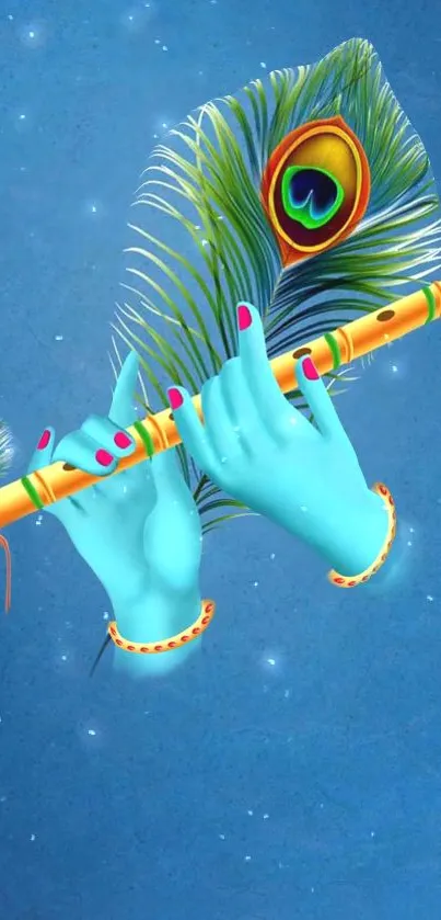 Divine blue hand playing flute with peacock feather on starry blue background.