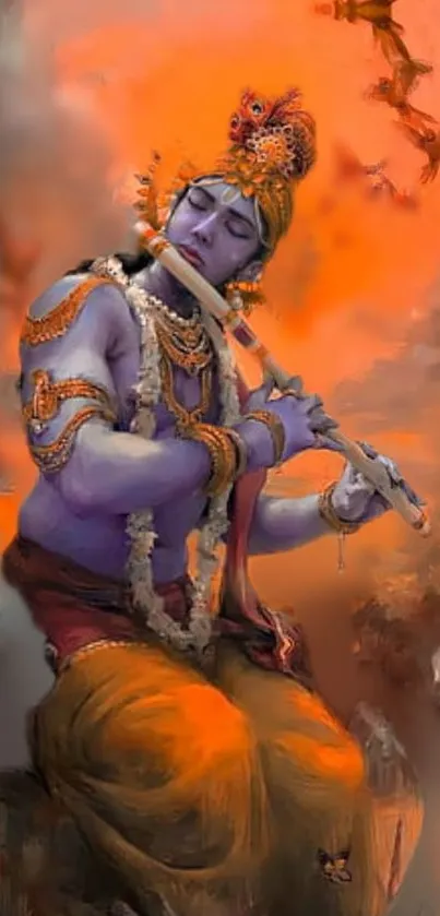 Vibrant Krishna playing flute with orange background.