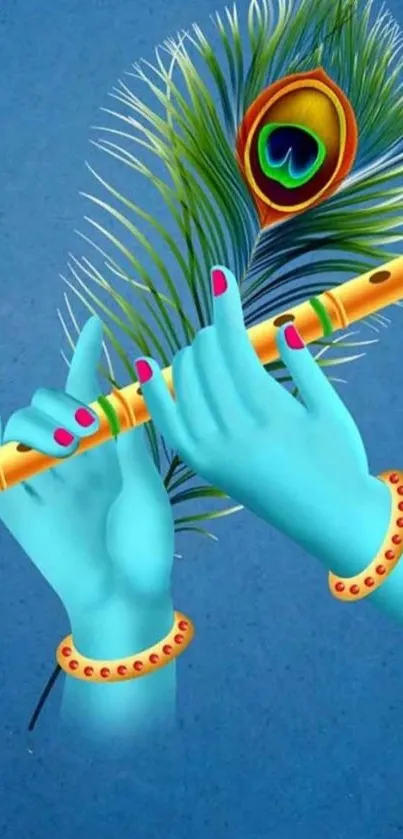 Krishna holding flute with peacock feather on blue background.