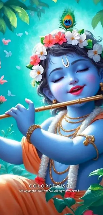 Krishna plays flute in serene, lush surroundings.