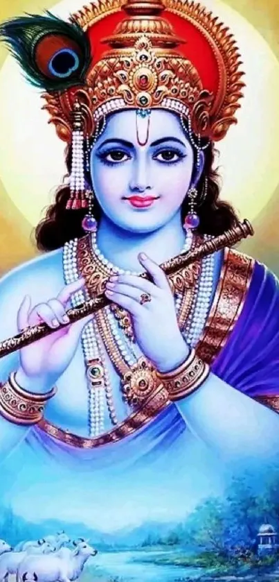 Vibrant Krishna artwork with flute and serene background.