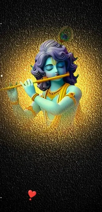 Krishna playing the flute with golden glow on dark background.