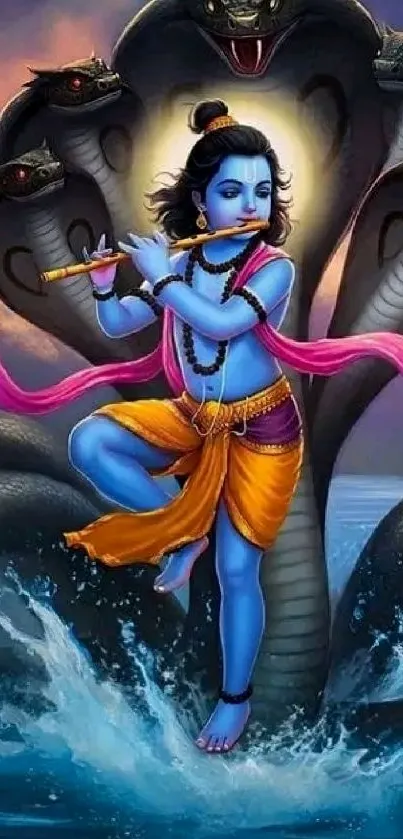 Mobile wallpaper of Lord Krishna playing flute with serpents in the background.