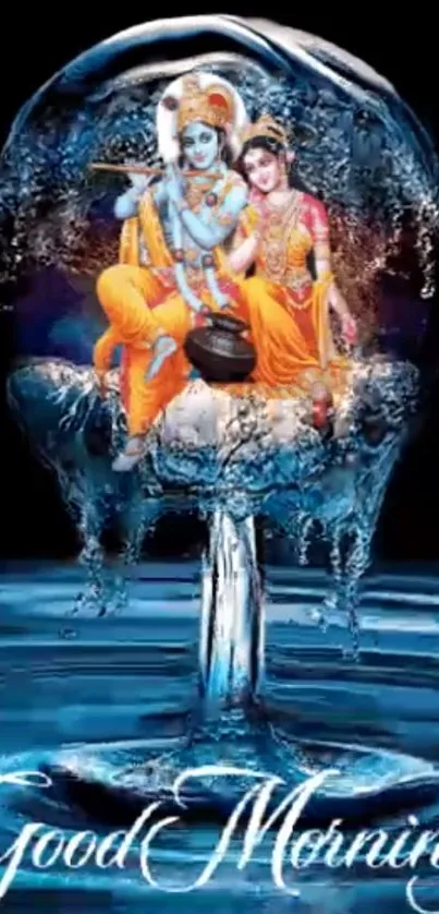 Lord Krishna and Radha on blue morning wallpaper.