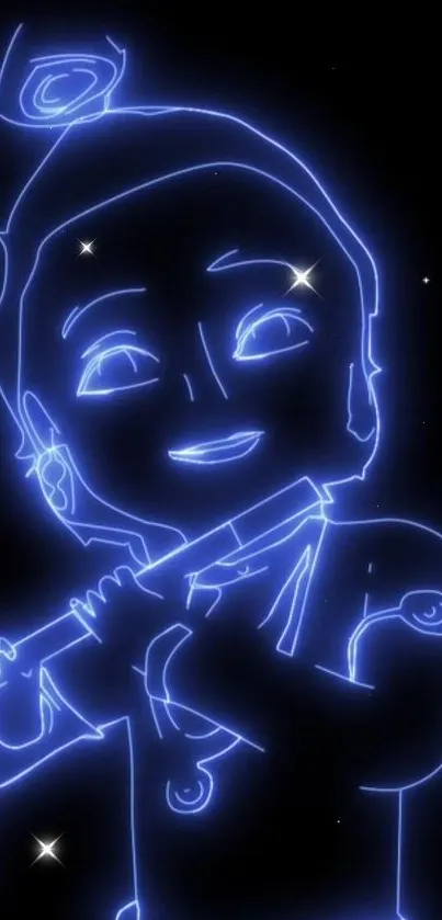 Neon blue outline of Krishna on a starry black background.