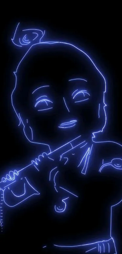 Neon blue Krishna playing flute on black background.