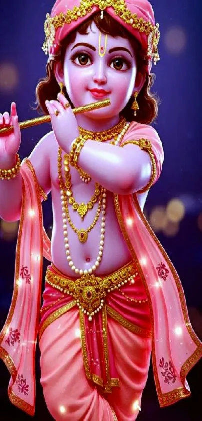 Illustration of Lord Krishna playing flute in vibrant colors.