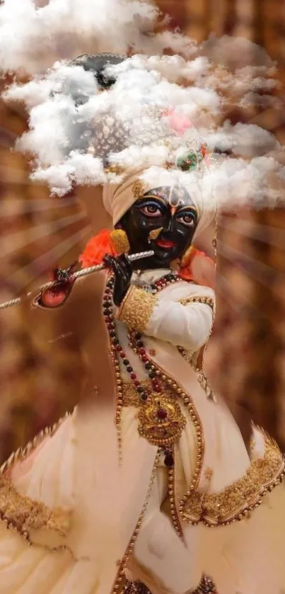 Decorative image of Lord Krishna in traditional attire playing flute with clouds.