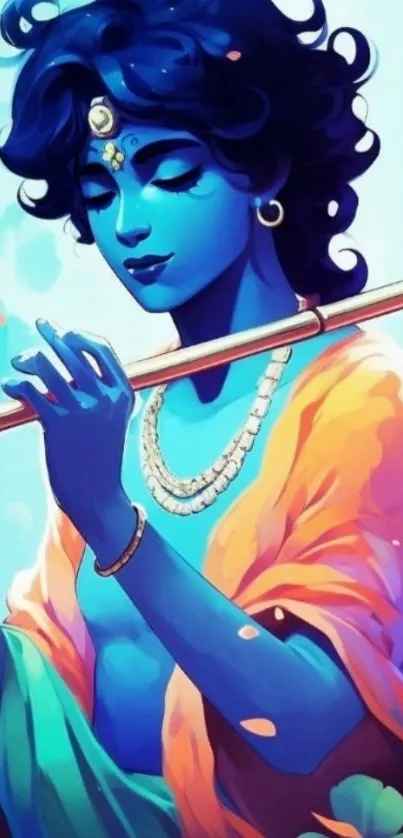 Colorful wallpaper of Krishna playing flute with vibrant blues.