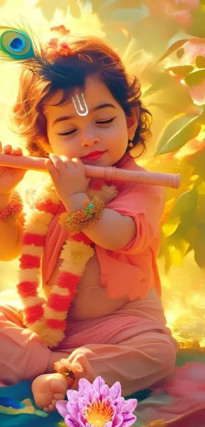 Mobile wallpaper of Lord Krishna playing the flute with a serene backdrop.