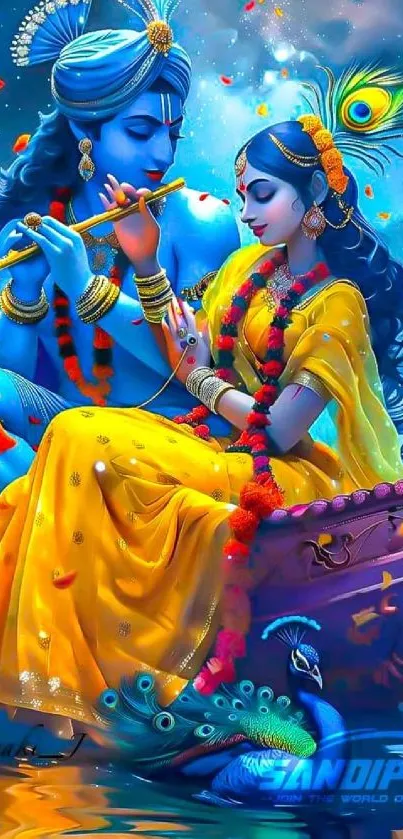 Vibrant Krishna Raas Leela mobile wallpaper art.