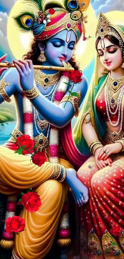 Colorful image of Krishna and Radha in vibrant attire, playing flute.