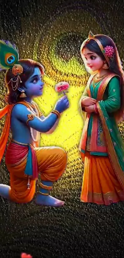 Vibrant wallpaper of Krishna offering a flower to Radha in colorful traditional attire.