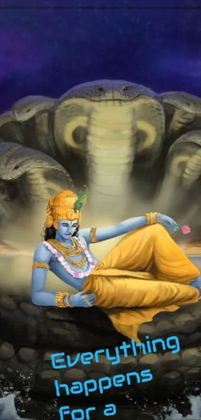 Krishna resting peacefully against a blue cosmic backdrop.