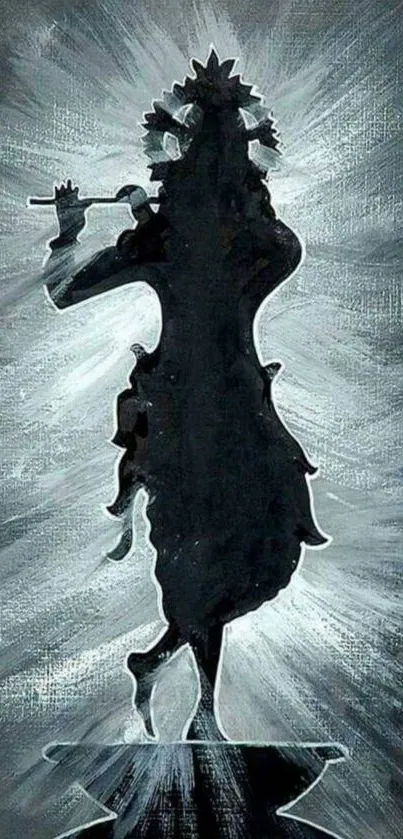 Silhouette of Krishna playing flute with radiant gray background.