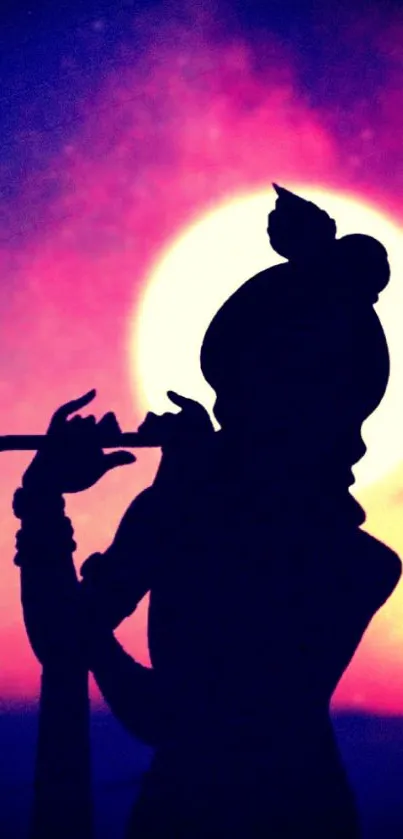 Krishna silhouette against a vibrant cosmic sunset in purple hue.