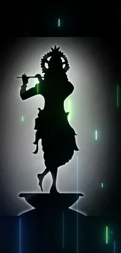 Krishna silhouette with glowing accents on a black mobile wallpaper.